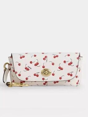 Coach Sunglass Case with Cherry Print in Gold/Chalk Multi Smooth Leather NWT